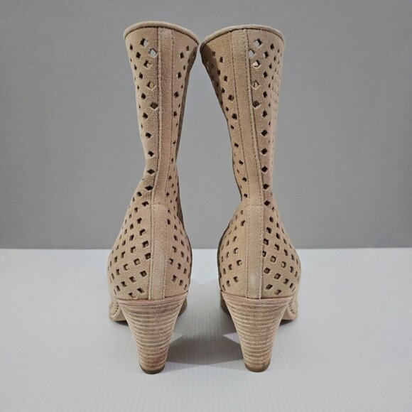 NEW Paige Layla Mid Calf Boot Womens 7 Tan Suede Perforated Pointed Toe Heeled - Picture 7 of 12